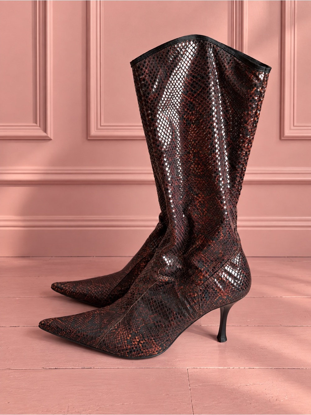 Y2K Pointed Toe Brown Snake-Print Mid-Calf Heeled Boots